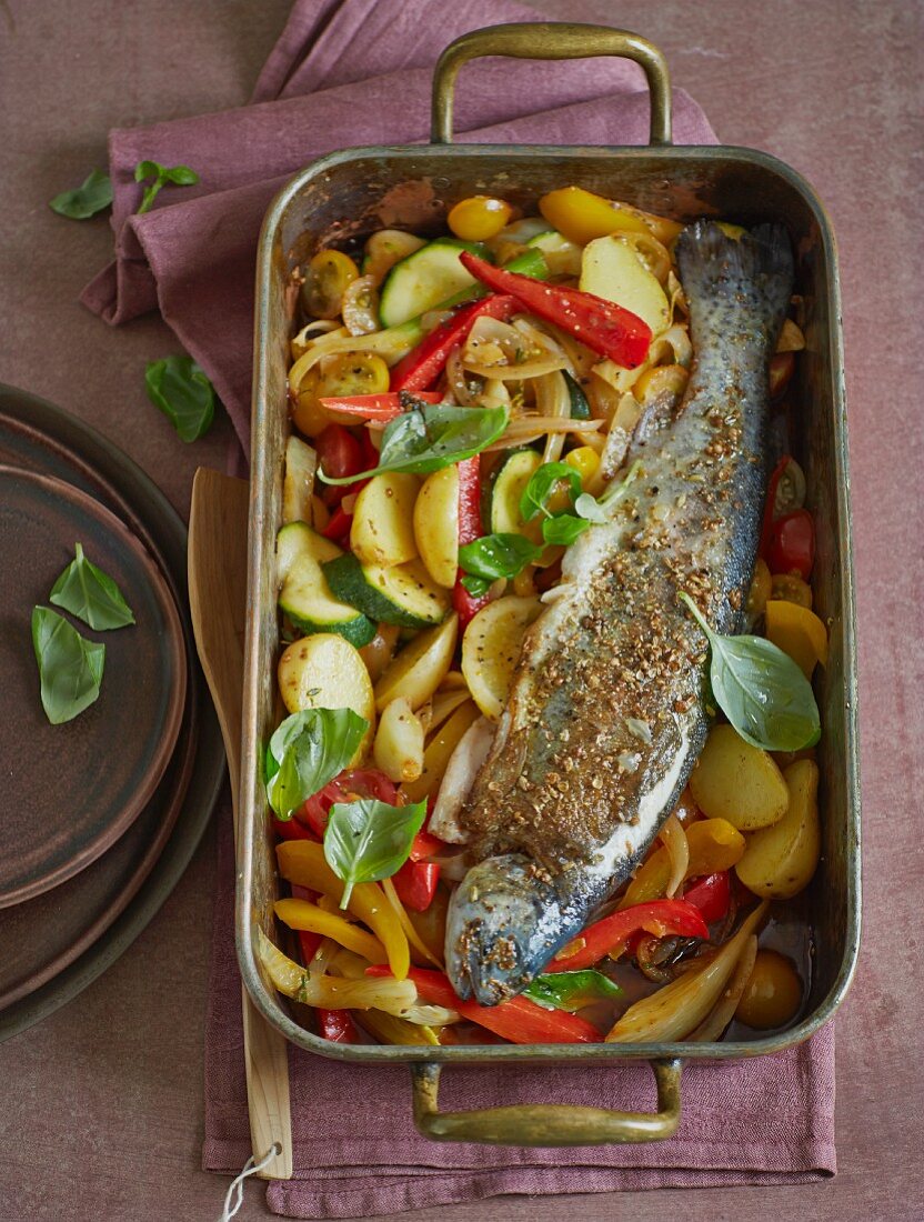 Salmon trout on Mediterranean, oven-roasted vegetables