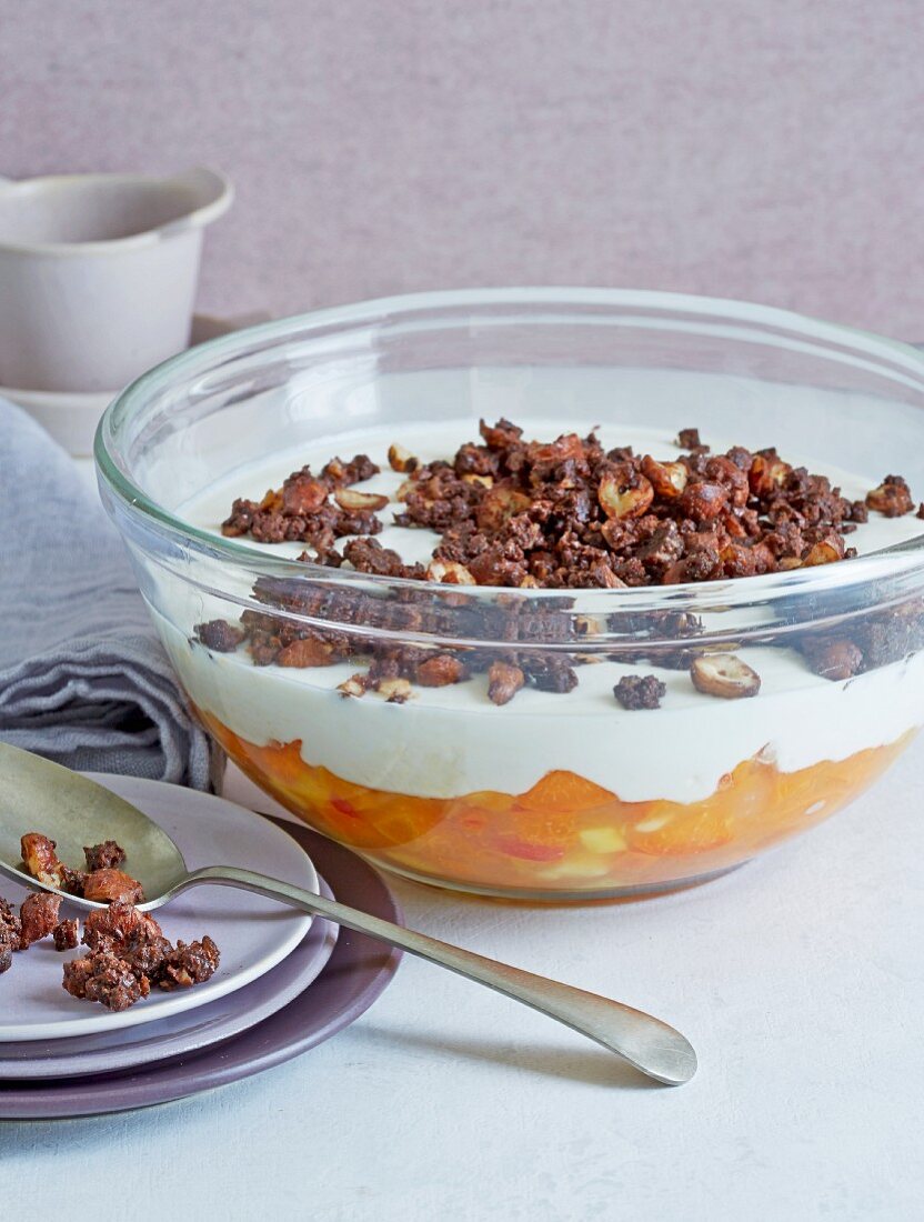 A soured milk trifle, apricots and crunchy pumpernickel