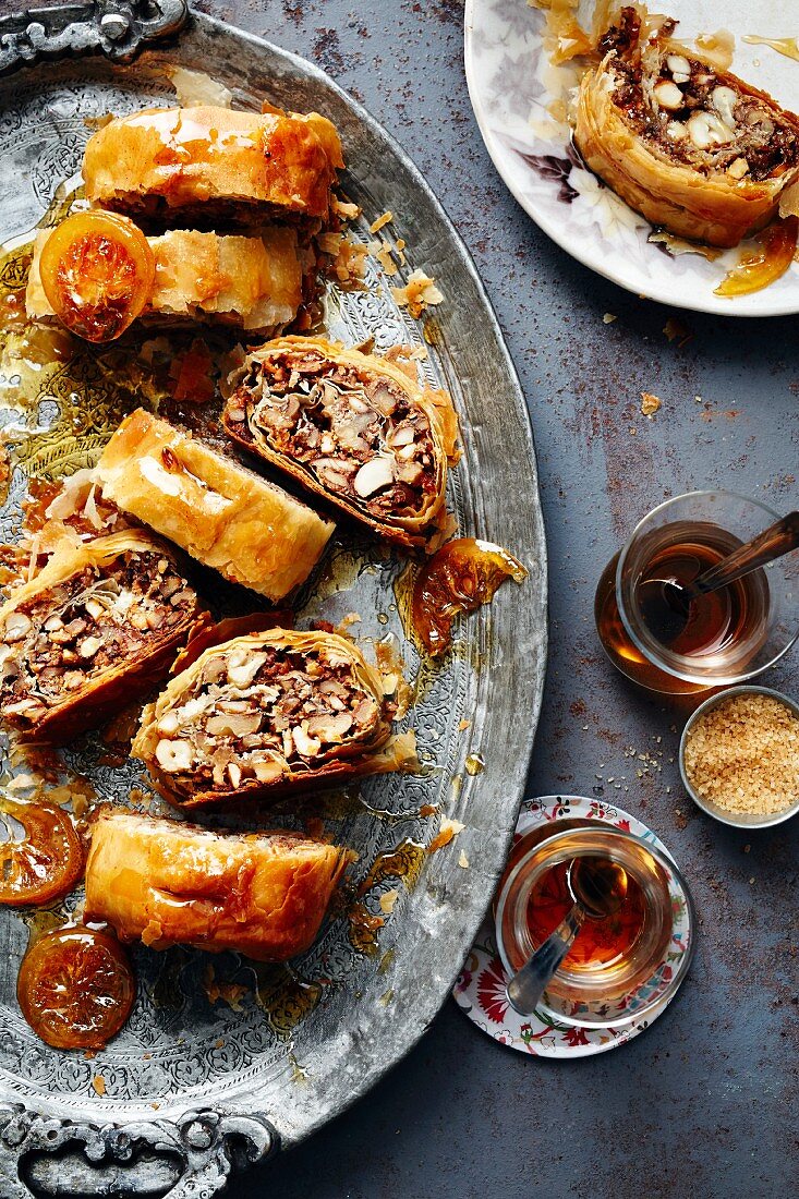 Baklava strudel with nuts, almonds and honey