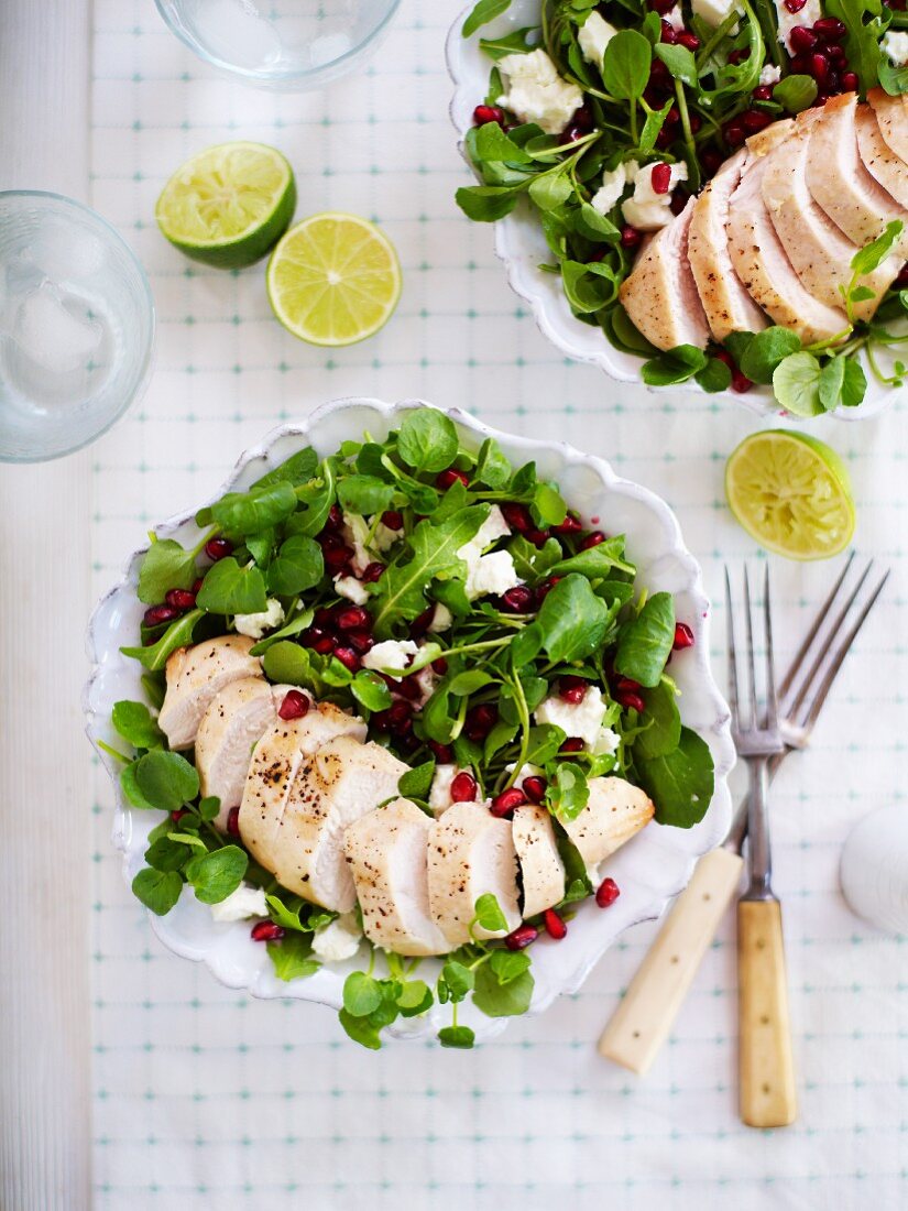 Chicken salad with pomegranate seeds and feta cheese