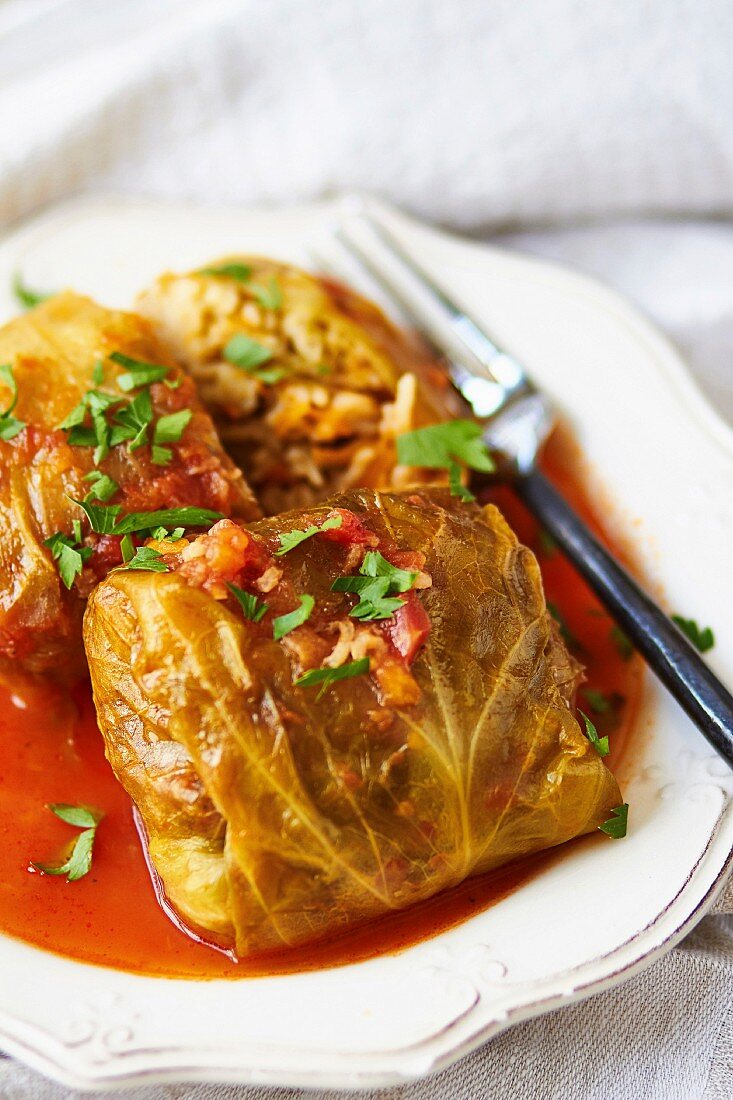 Golabki (Polish cabbage roulade) with tomato sauce