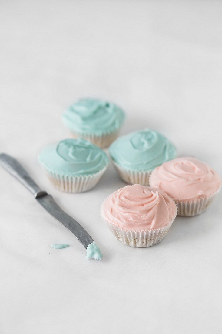 Cupcakes mit rosa und blauer Glasur verziert