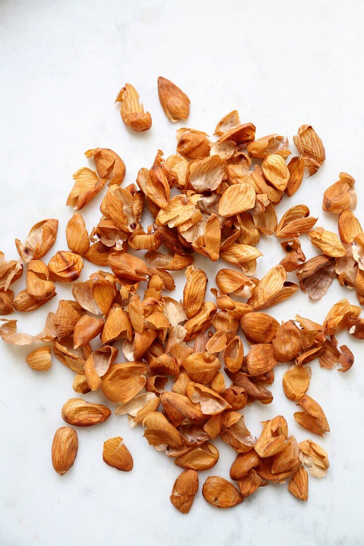 Scattered almond shells on a marble surface