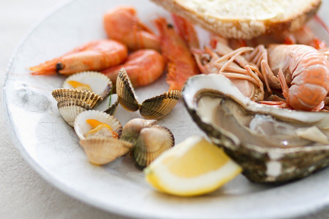 Verschiedene Meeresfrüchte (Garnelen, Austern, Muscheln und Scampi) mit Zitrone und Brot