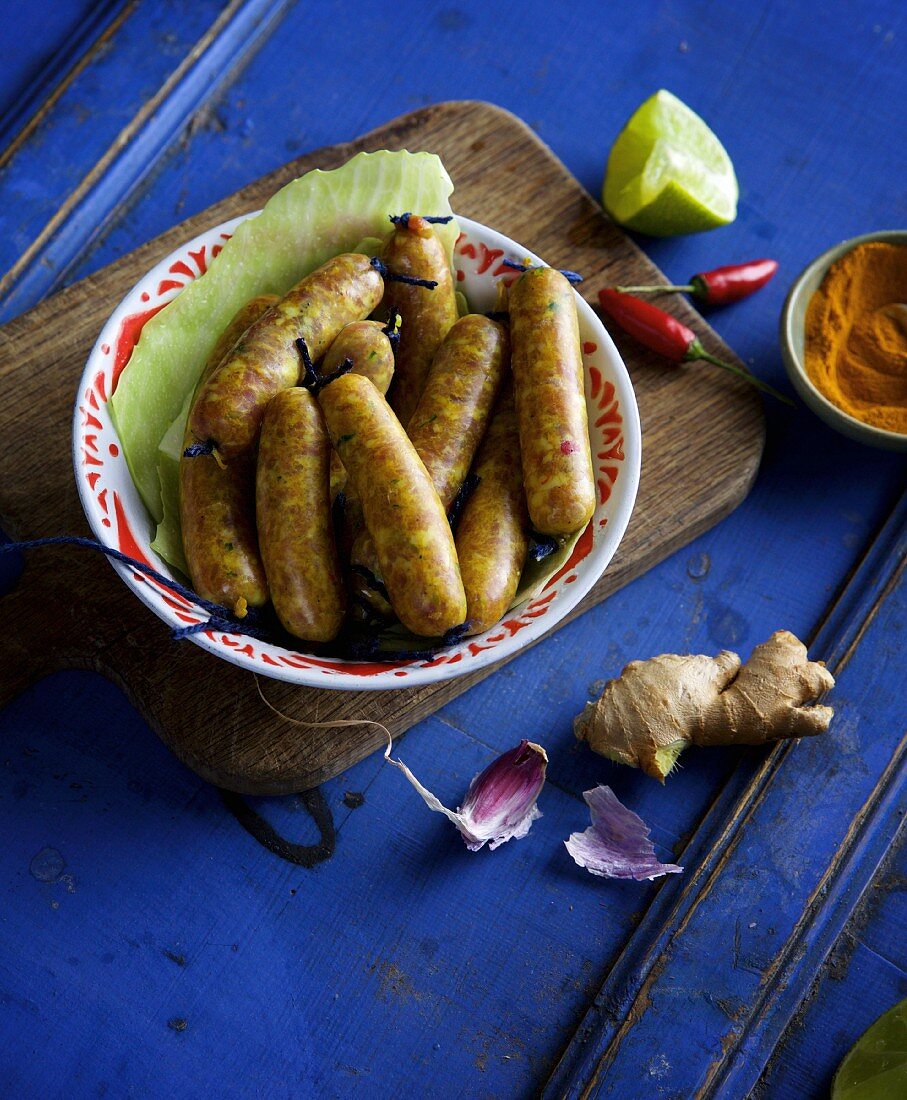 Homemade Thai sausage with ginger and coriander