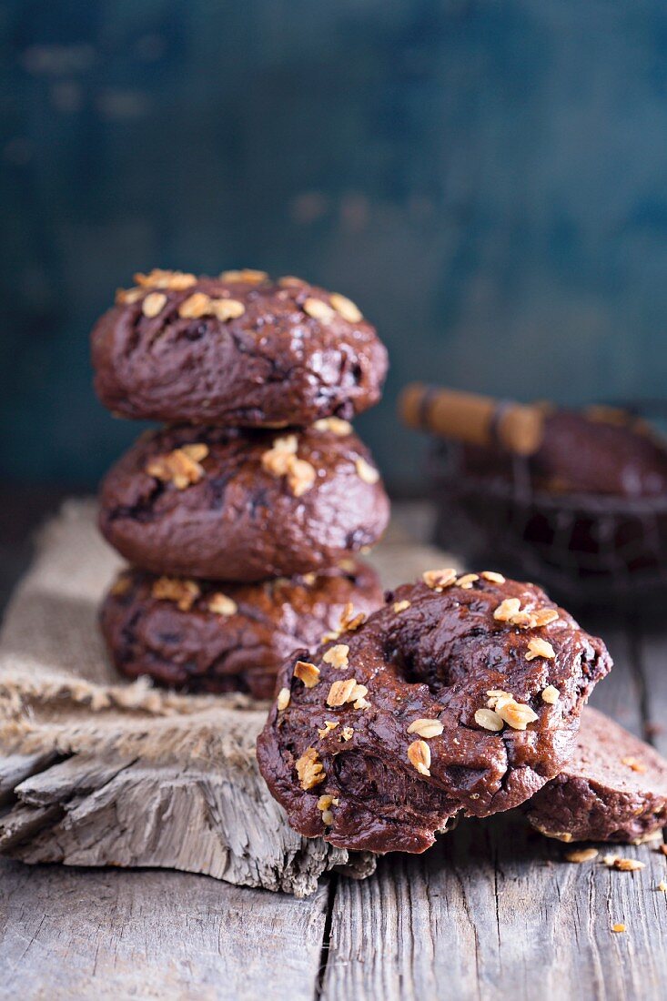 Homemade chocolate bagels on a rustic surface