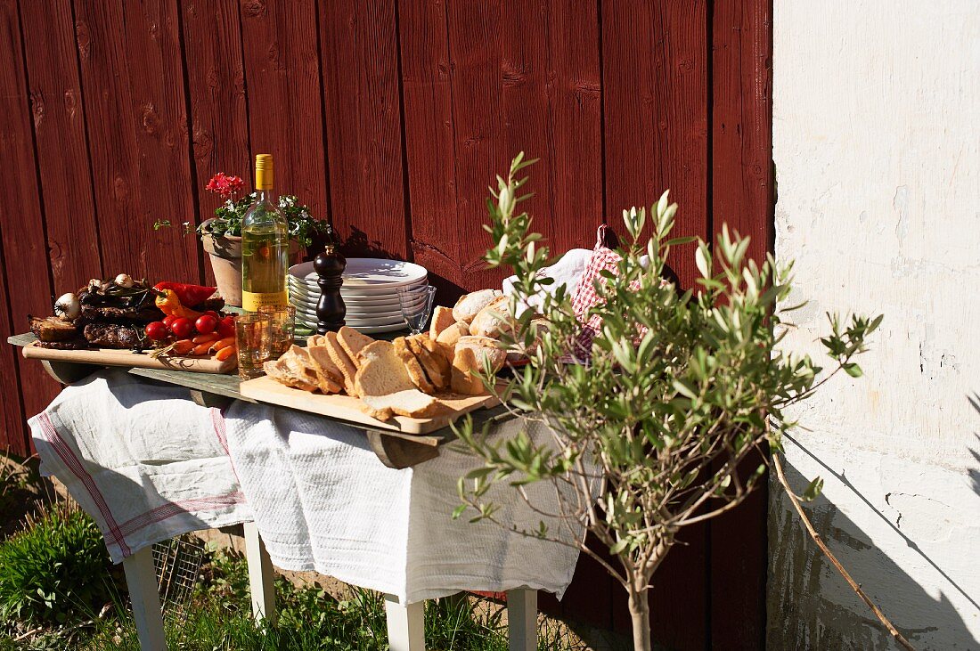 A barbecue buffet in a garden