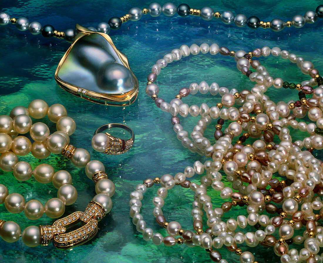 View of an assortment of pearl jewellery