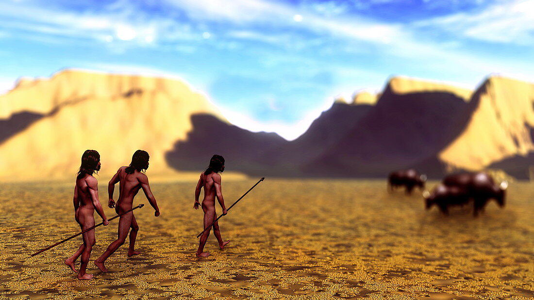 Prehistoric humans hunting,artwork