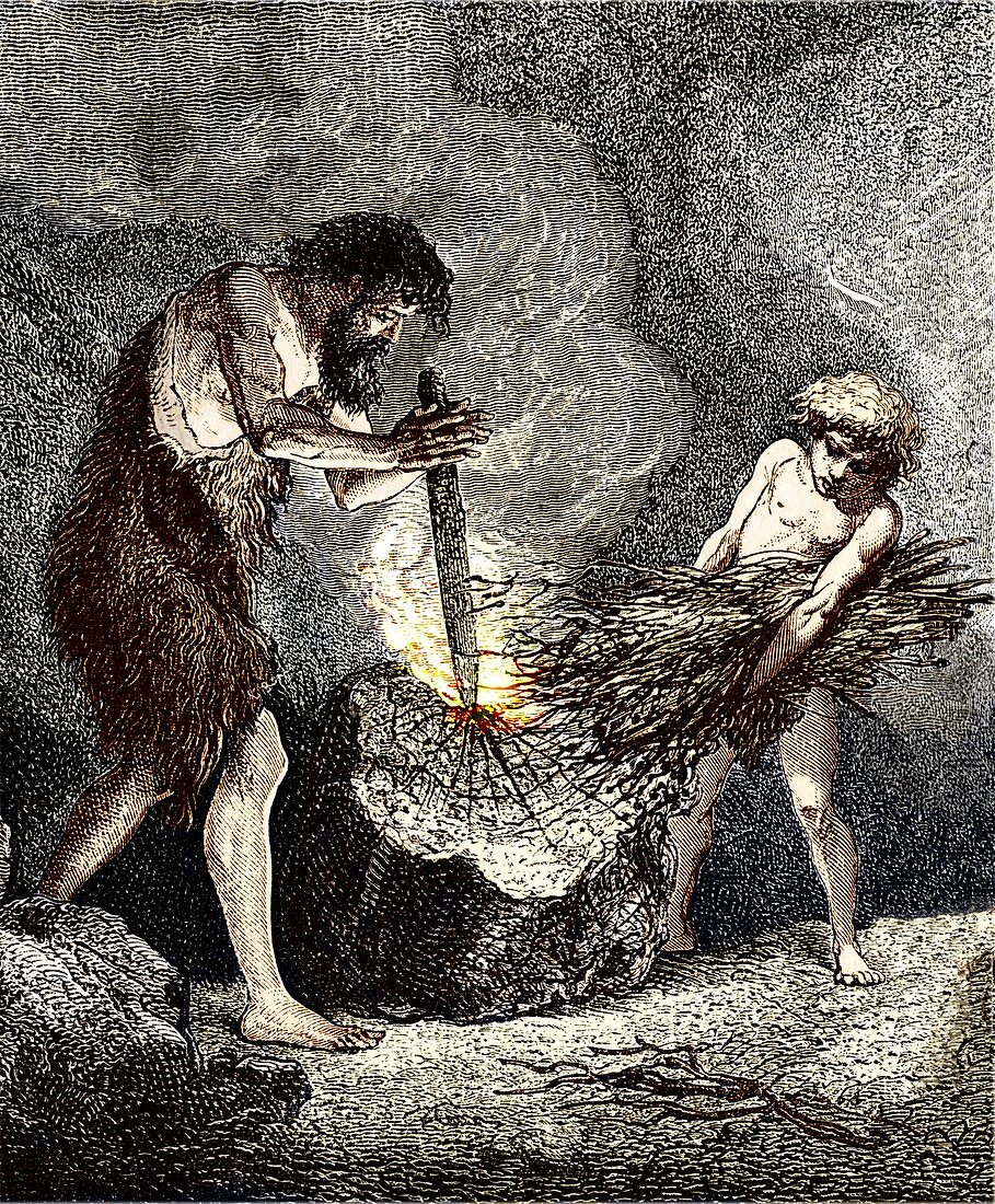 Early humans making fire