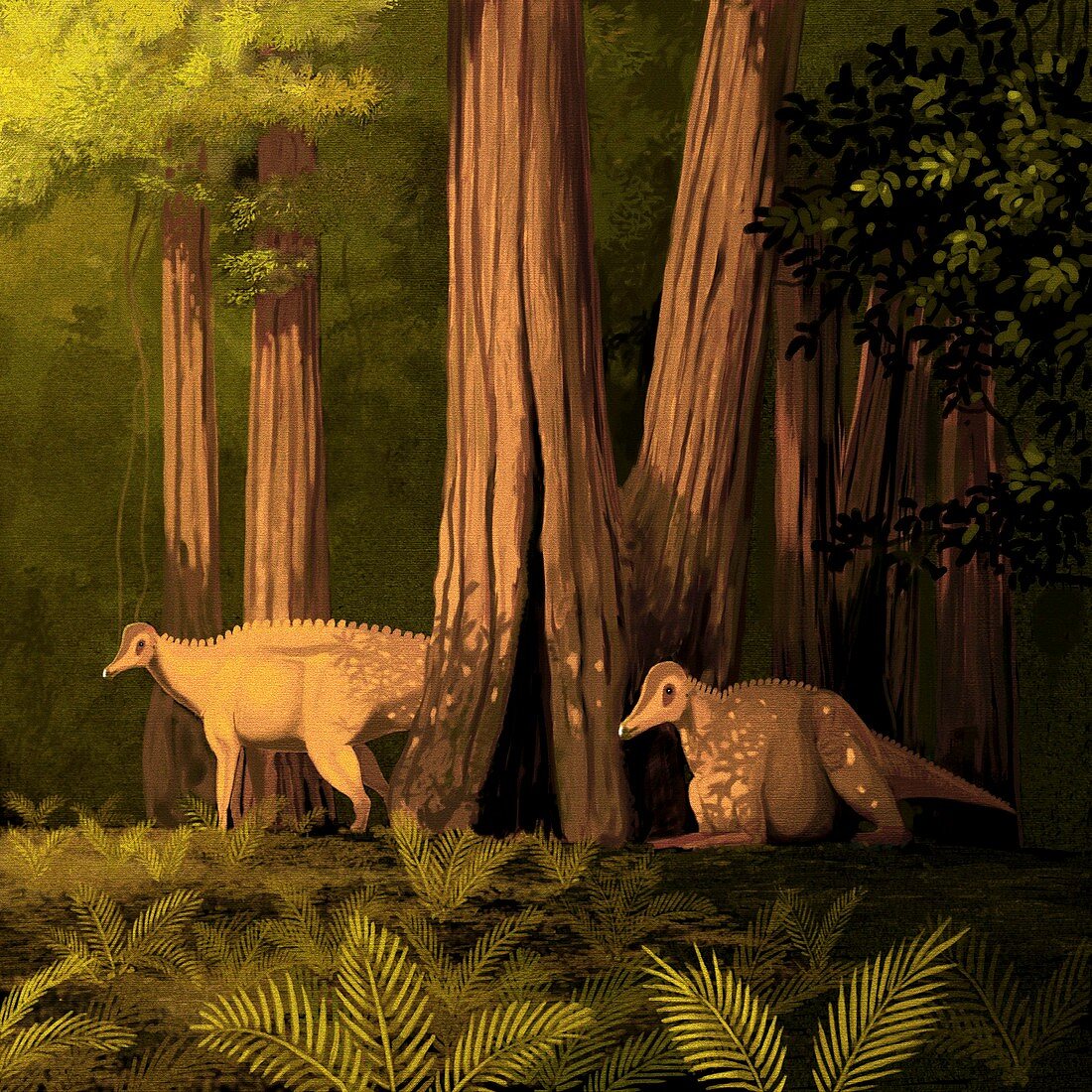 Corythosaurus in trees,artwork