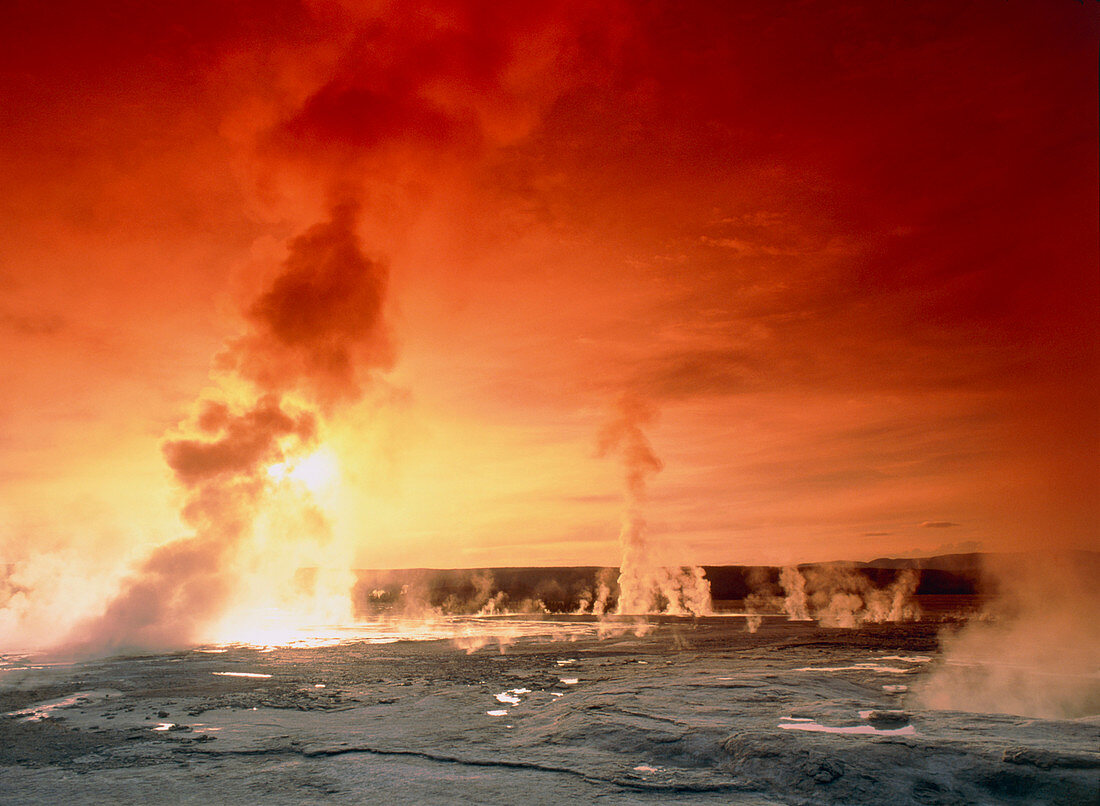 Geysers steaming at sunset,Yellowstone Park