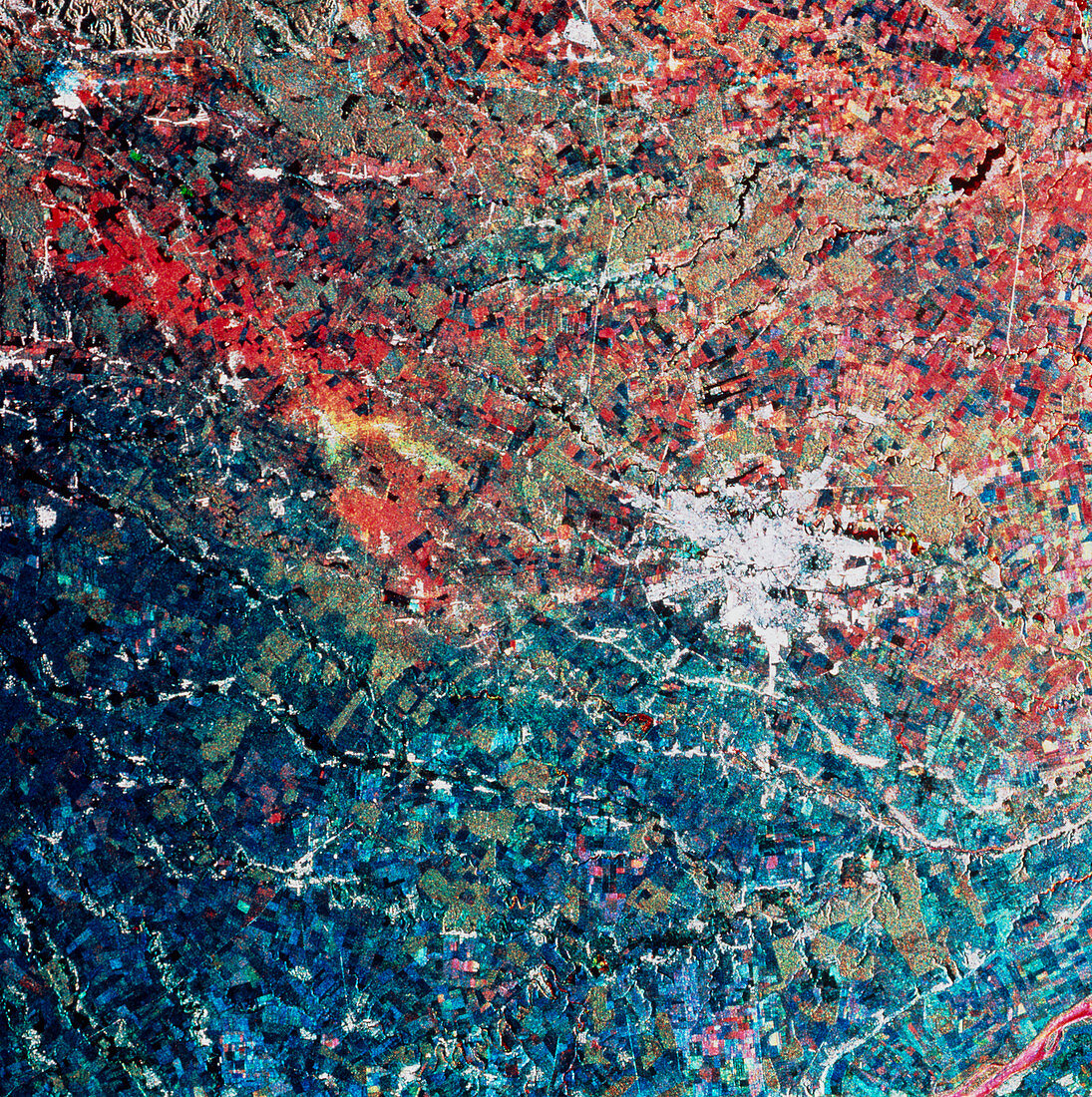 Coloured radar satellite image of Bucharest