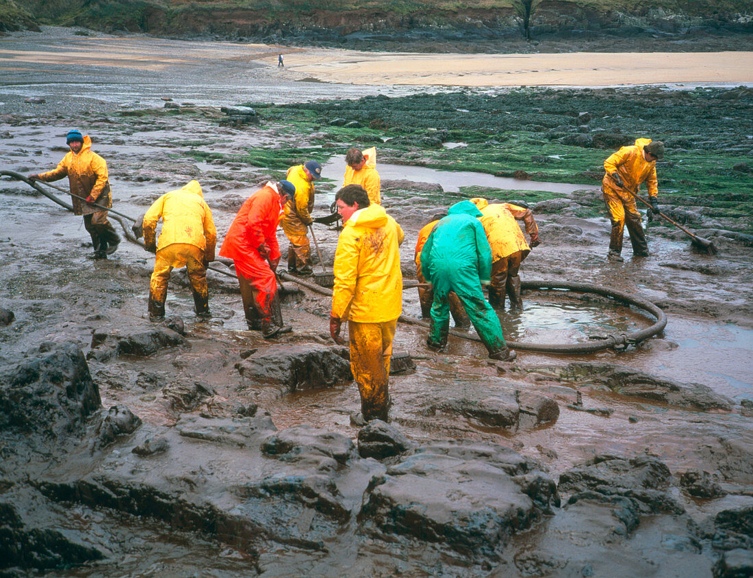 Oil covering a rocky beach with a clean-up team