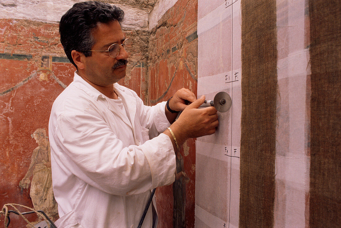 Archaeologist with a fresco,Pompeii