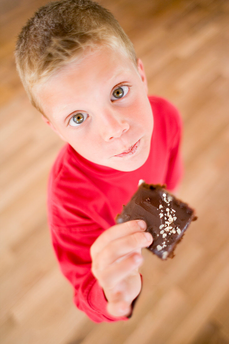 Boy eating chocolate cake