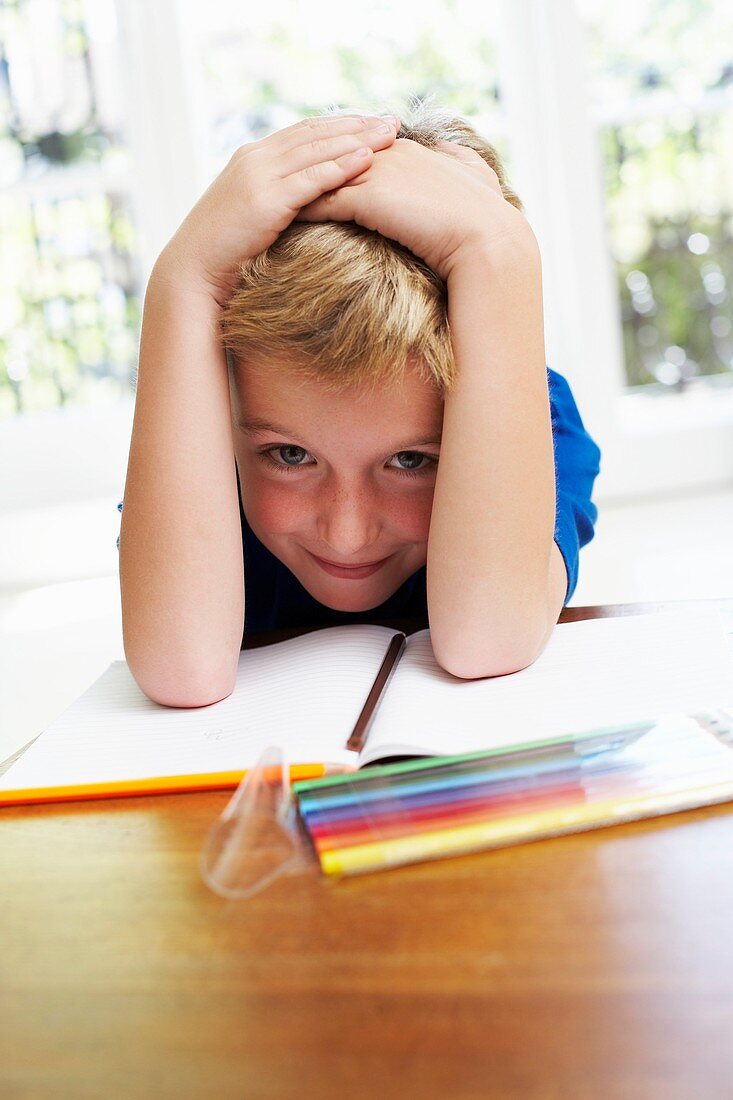 Boy with pens and exercise book