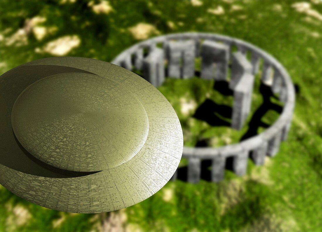 Flying saucer over Stonehenge,artwork