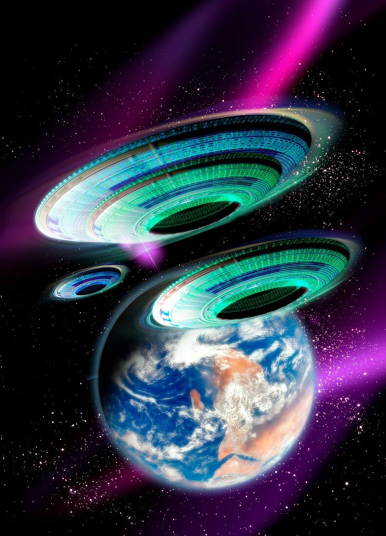 Flying saucers invading Earth,artwork