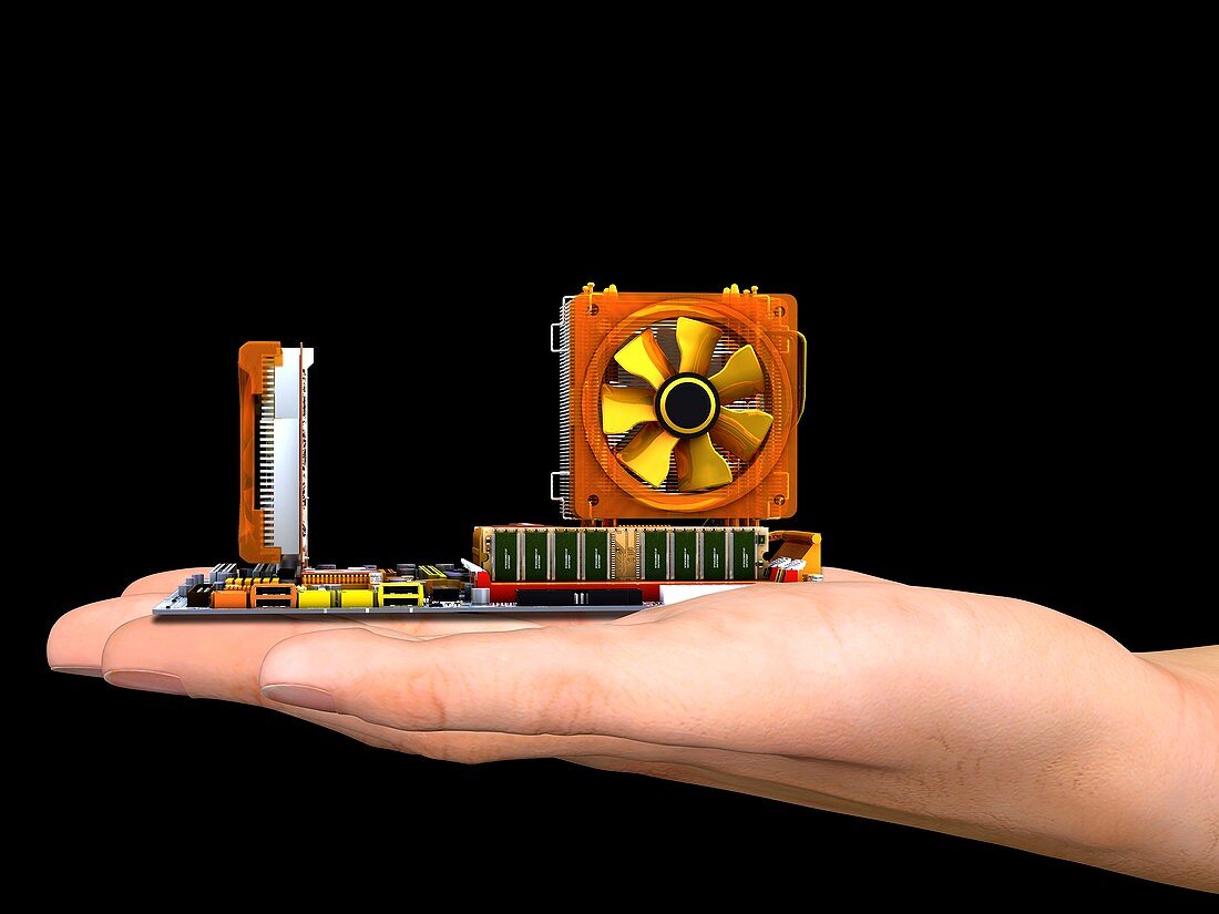 Hand with computer motherboard,artwork