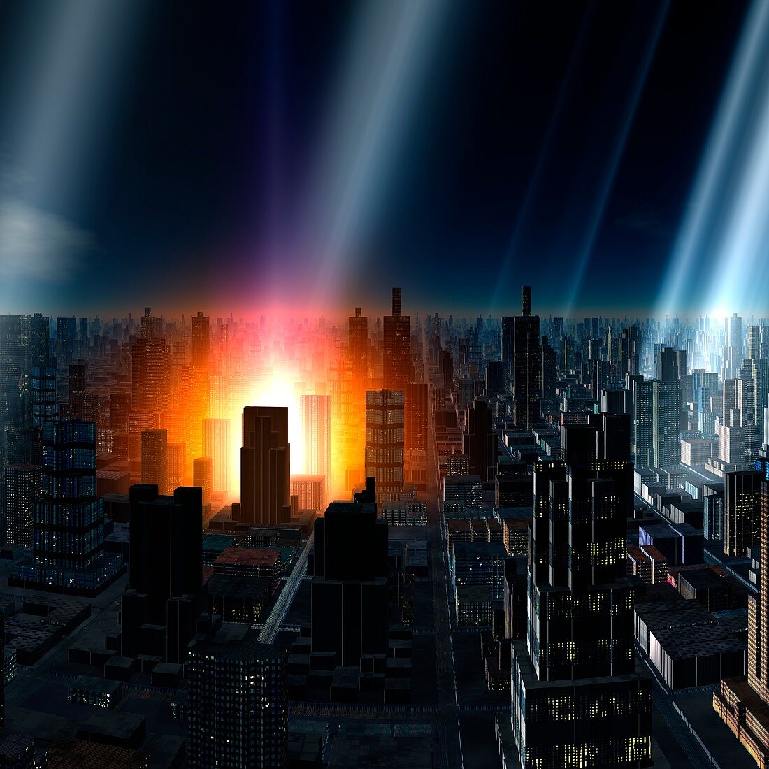 Meteor shower over alien city,artwork