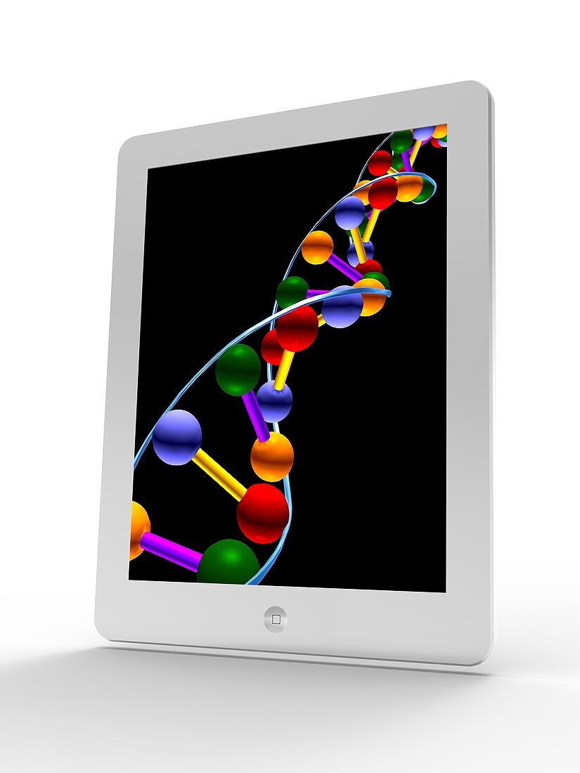 Tablet computer showing a DNA molecule