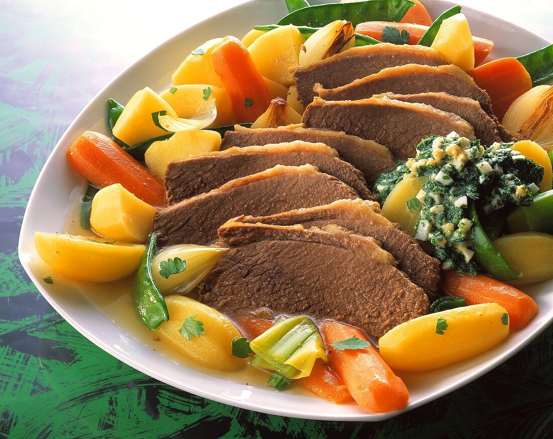 Boiled beef, vegetables & herb and egg sauce