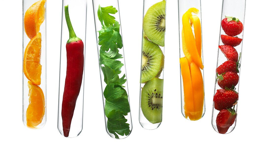 Fruit and vegetables in test tubes