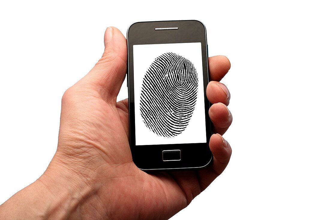 Person holding phone with finger print