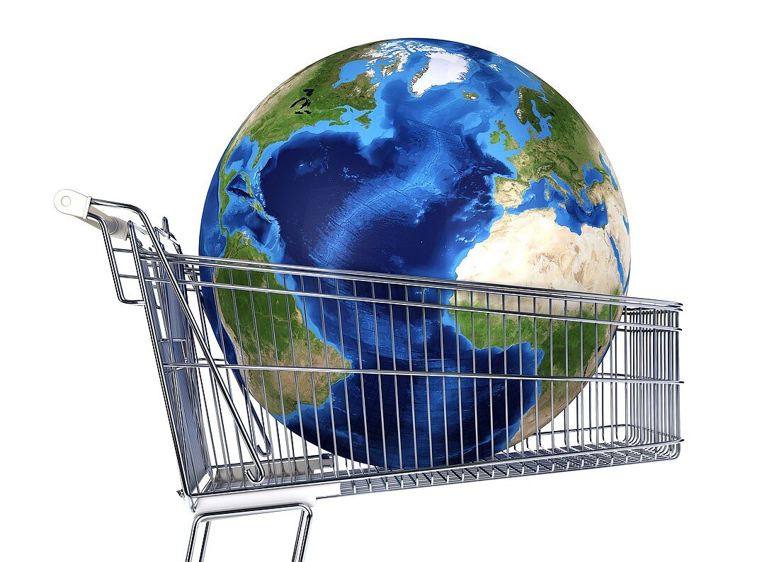 Globe inside a shopping trolley,artwork