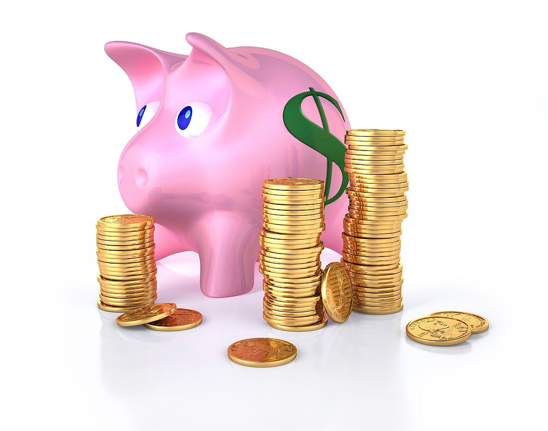Piggy bank and gold coins,artwork