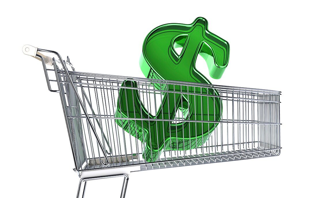 US dollar sign inside a trolley,artwork