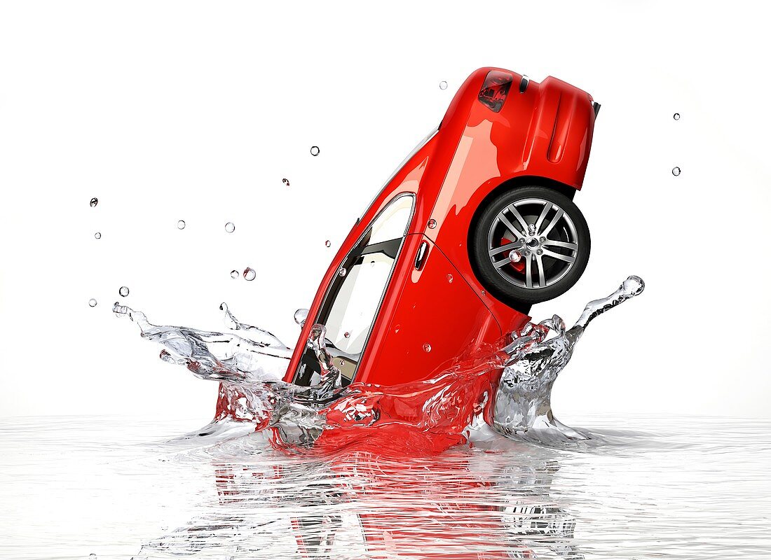 Red car splashing into water,artwork