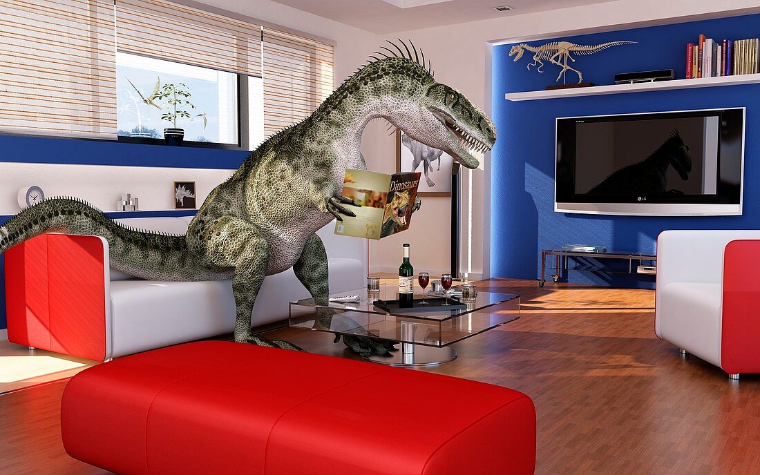 Dinosaur in a living room,artwork