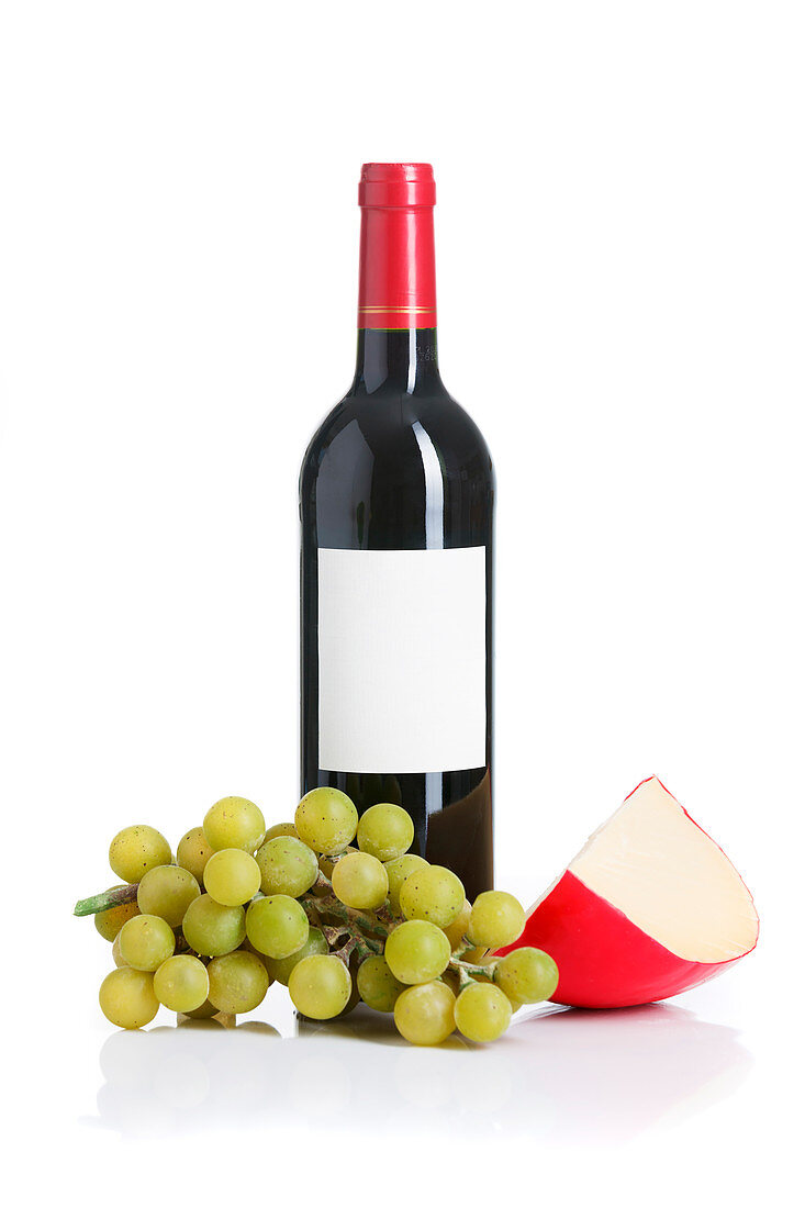 Bottle of wine,cheese and grapes