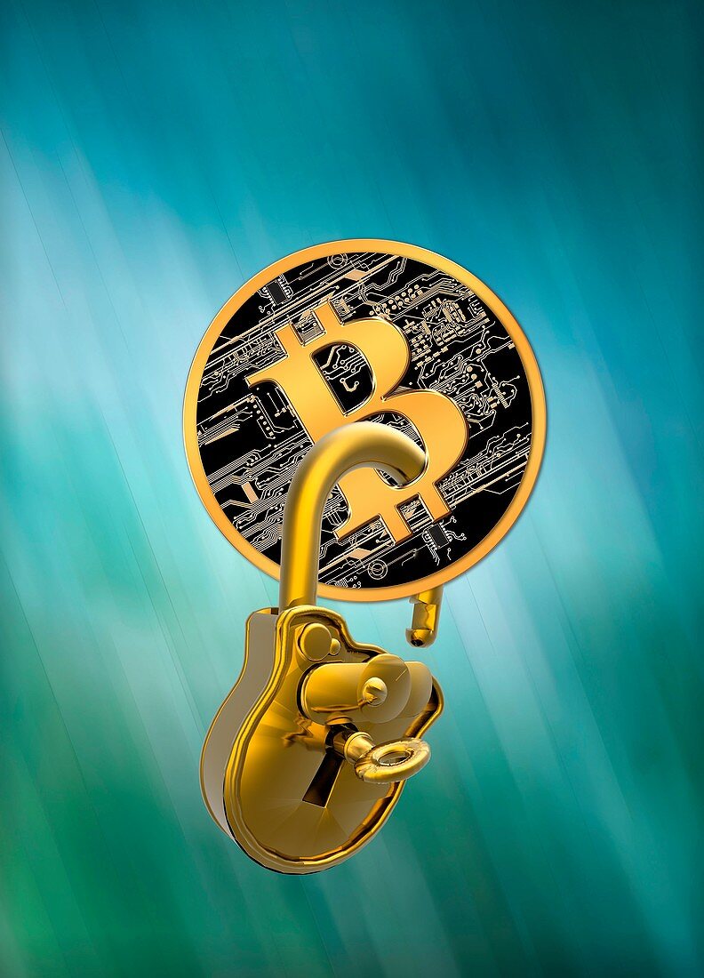 Bitcoin and padlock,illustration