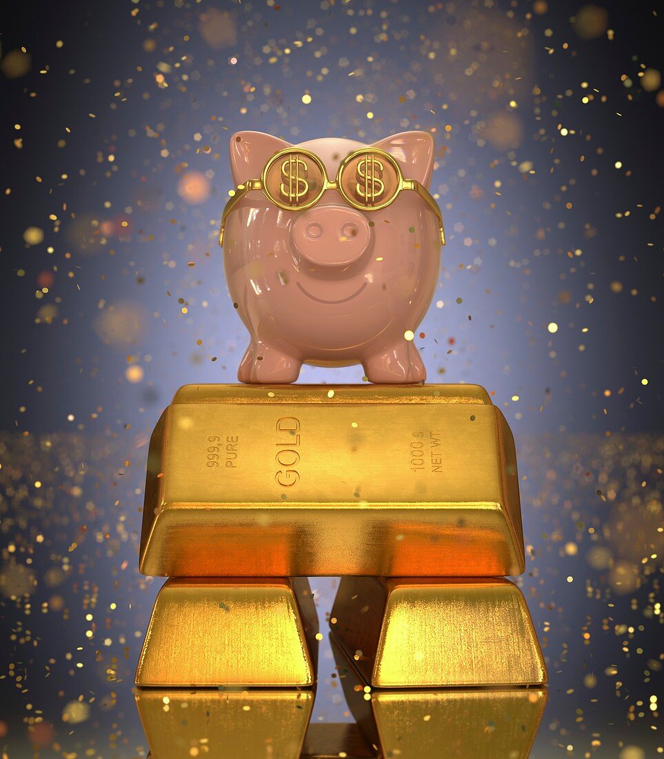 Piggy bank on gold bullion,illustration