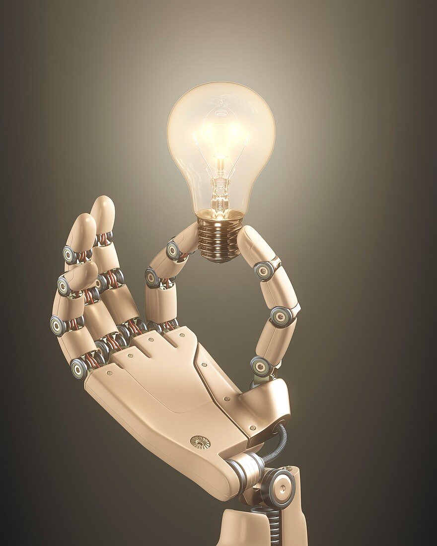 Robotic hand holding a light bulb