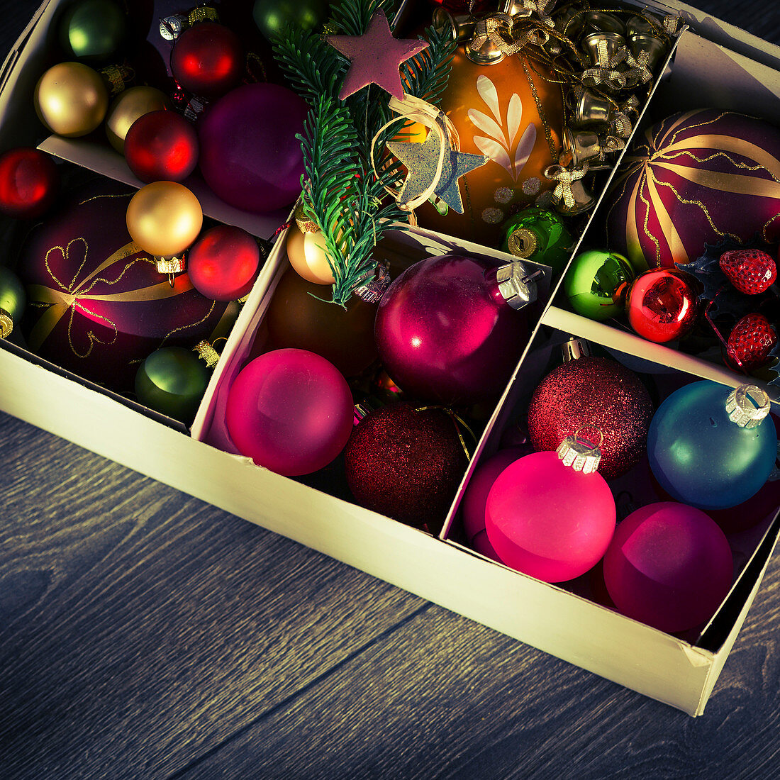 Christmas baubles in a box