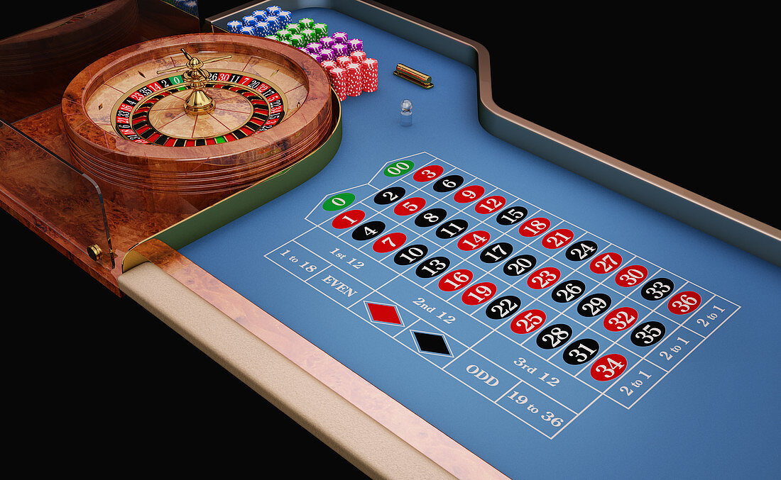 Roulette table and wheel,illustration