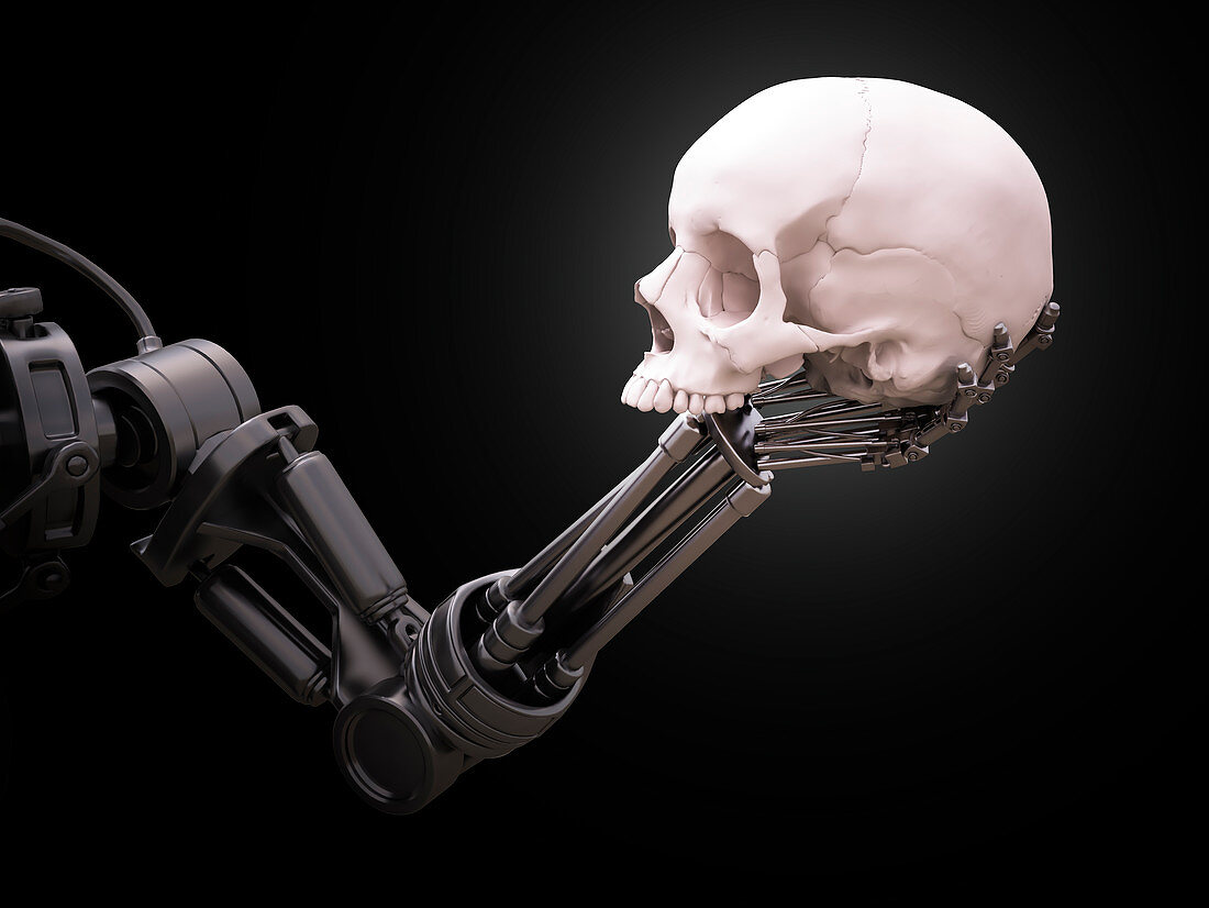 Robotic hand holding skull,illustration