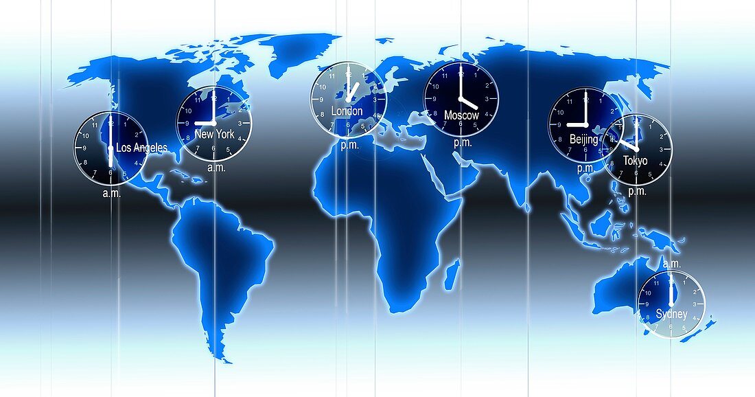 World map illustration with time zones