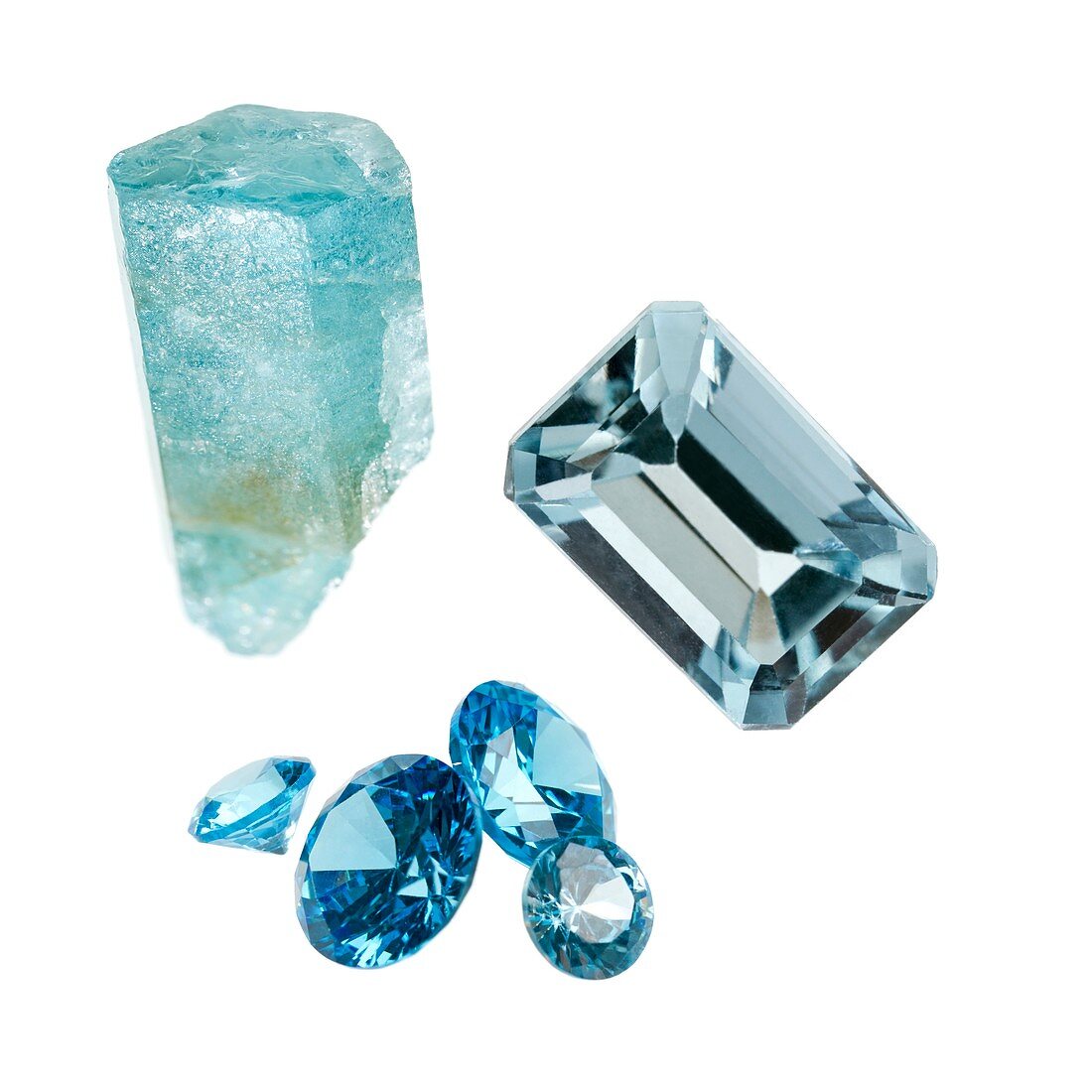Aquamarine gemstones and crystal