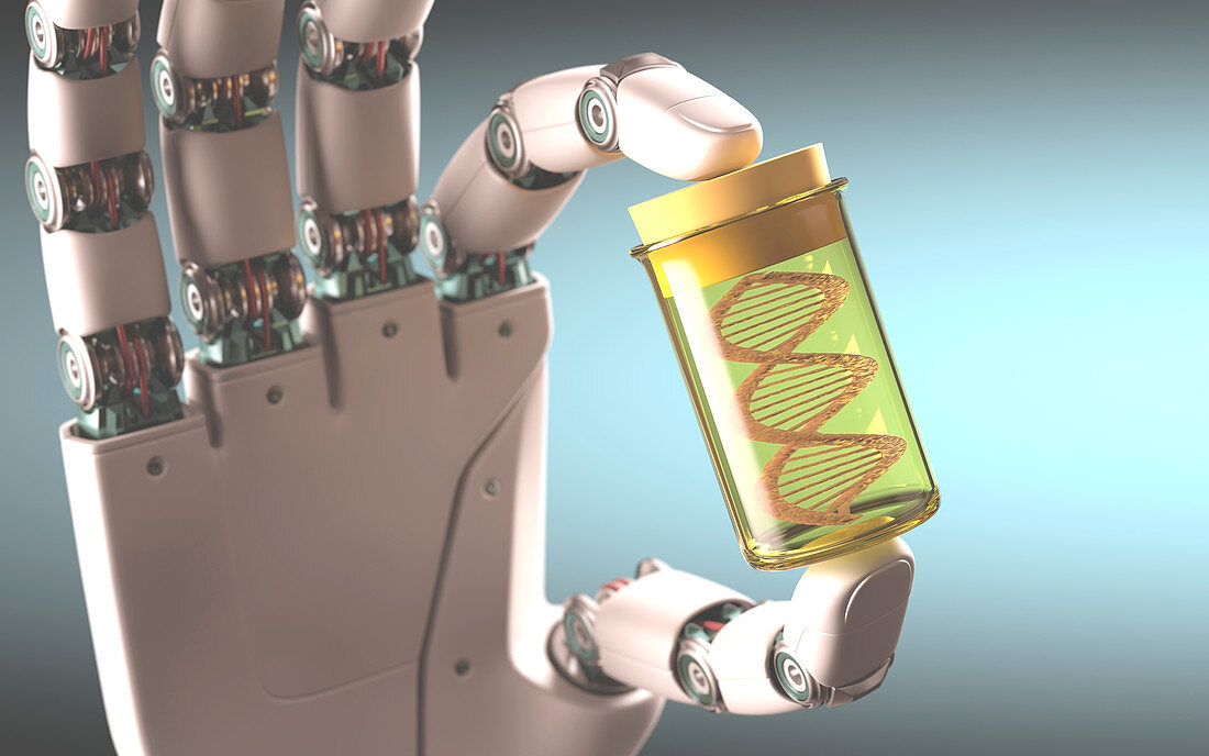 Robotic hand holding test tube with DNA