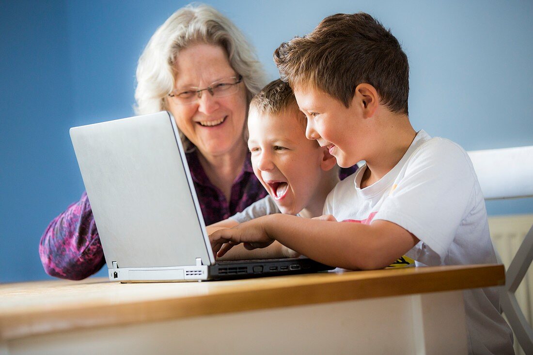 Boys using laptop with grandmother