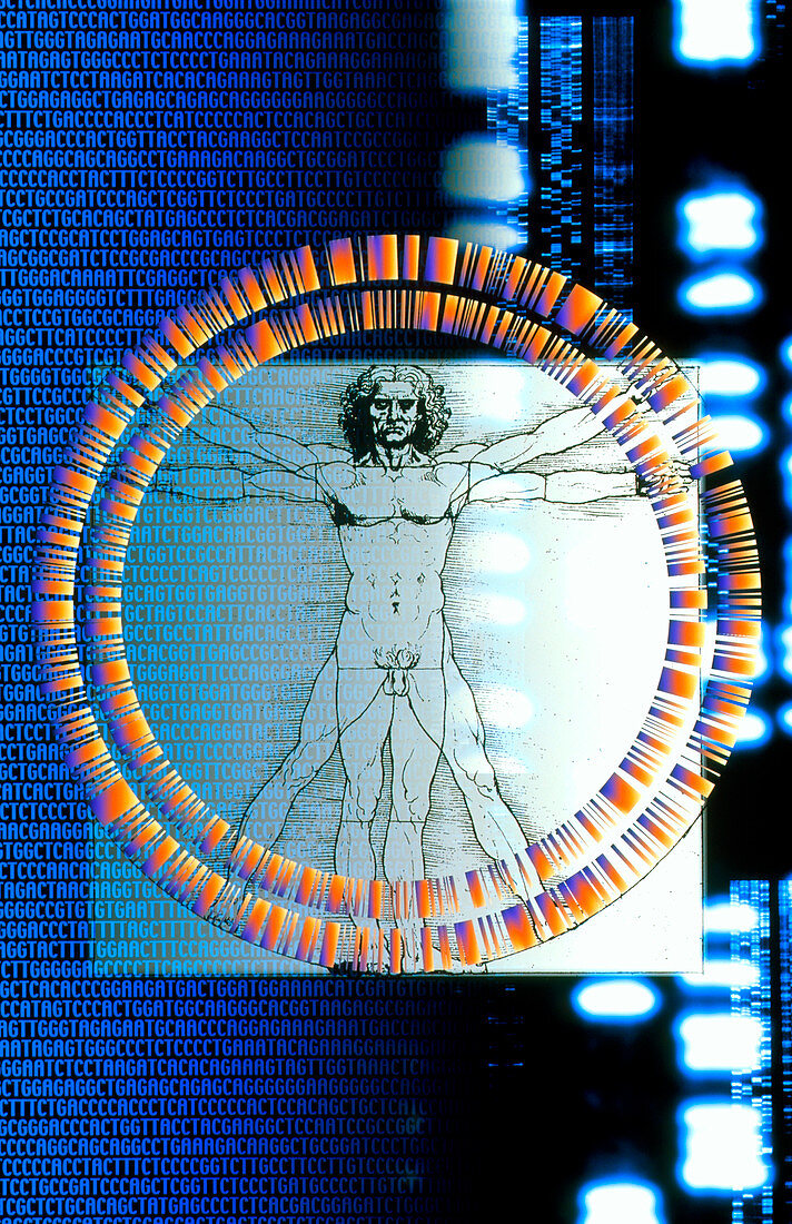 Artwork of male figure with genetic sequences