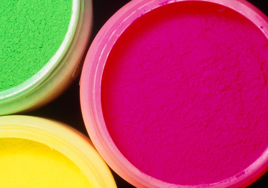 Overhead view of 3 jars of powder for paint or dye