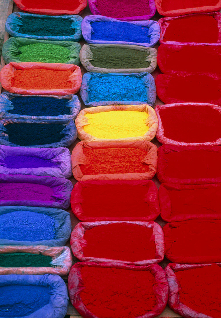 View of several bags of coloured dye powder