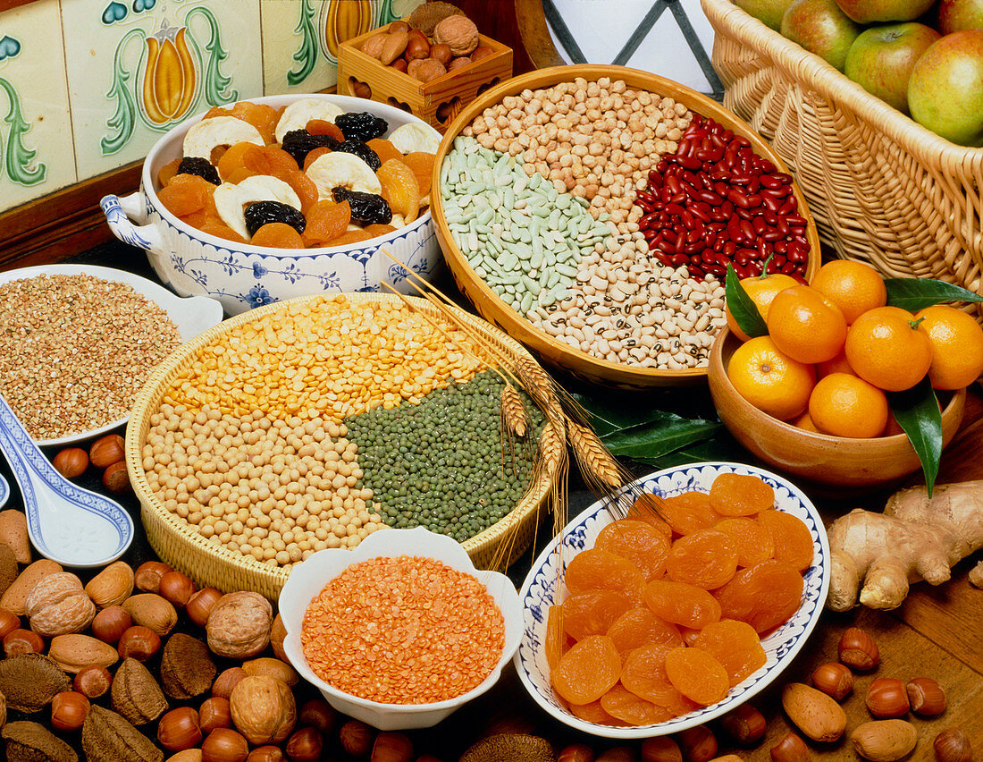 Selection of pulses,nuts and dried & fresh fruits