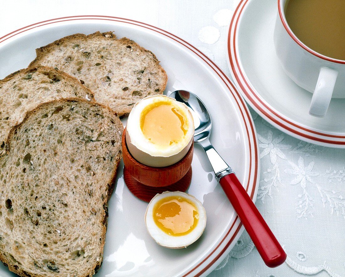 View of a healthy breakfast of egg,bread and tea